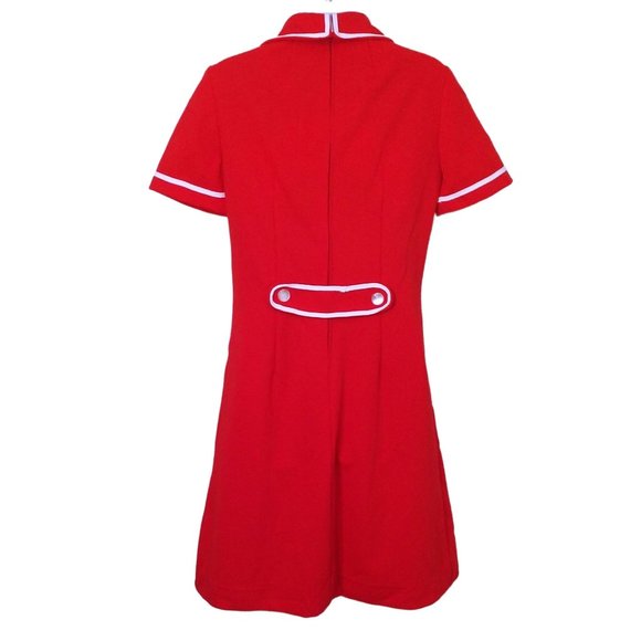 Vintage 60s-70s Uniform Dress Waitress Service -M(8) Knit Polyester Red White - Picture 6 of 10